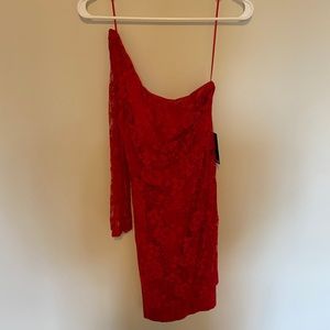 One should red lace dress from express